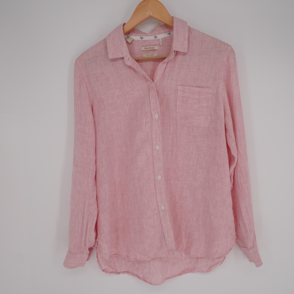 Barbour Linen Button Up Shirt Womens 6 Pink Collared Roll Tab Striped Casual - Picture 16 of 16
